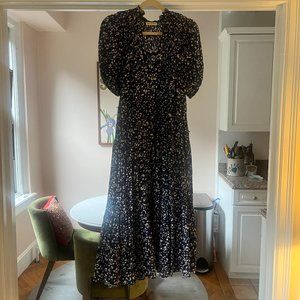RARE SAMPLE Kemala Midi Dress Abstract Printed Blue Black Puff Sleeve